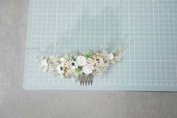 Bridal flower comb Ivory roses hair comb Natural flower headpiece for bride Low Bun bridal hairstyle Magaela White flower comb Wedding comb