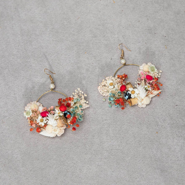 Ivory and red flower earrings Original bridal flower earrings Glam Bridal Circle dangle earrings Handmade dried flower jewelry Magaela