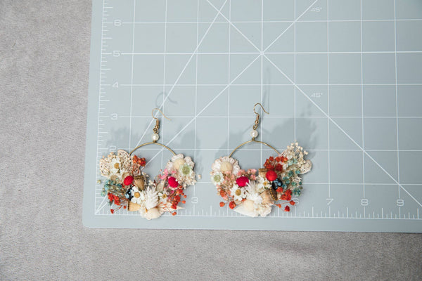 Ivory and red flower earrings Original bridal flower earrings Glam Bridal Circle dangle earrings Handmade dried flower jewelry Magaela