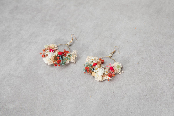 Ivory and red flower earrings Original bridal flower earrings Glam Bridal Circle dangle earrings Handmade dried flower jewelry Magaela