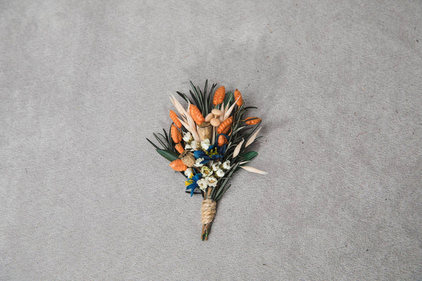 Natural flower set Bridal hair comb Boutonniere for groom Matching wedding accessories Orange and blue hair comb Rosemary and olive leaves