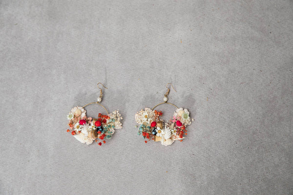 Ivory and red flower earrings Original bridal flower earrings Glam Bridal Circle dangle earrings Handmade dried flower jewelry Magaela