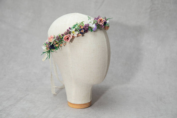 Meadow flower hair wreath Bridal flower crown with roses Hair flowers Bridal hairstyle inspo Navy and peach flower hair wreath Wildflowers