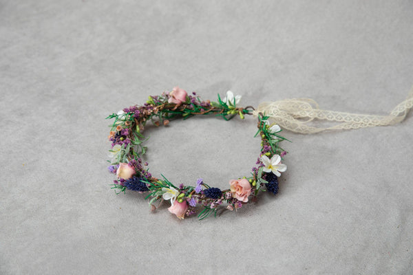 Meadow flower hair wreath Bridal flower crown with roses Hair flowers Bridal hairstyle inspo Navy and peach flower hair wreath Wildflowers