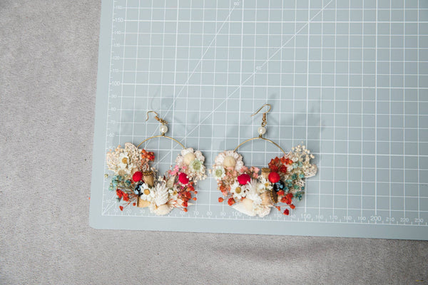 Ivory and red flower earrings Original bridal flower earrings Glam Bridal Circle dangle earrings Handmade dried flower jewelry Magaela