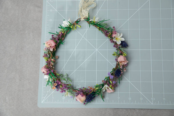 Meadow flower hair wreath Bridal flower crown with roses Hair flowers Bridal hairstyle inspo Navy and peach flower hair wreath Wildflowers