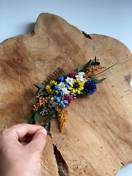 Bridal flower hair comb Sunflowers and blueberries comb Wedding hair comb Meadow wedding Sunflower headpiece Burgundy and navy roses comb