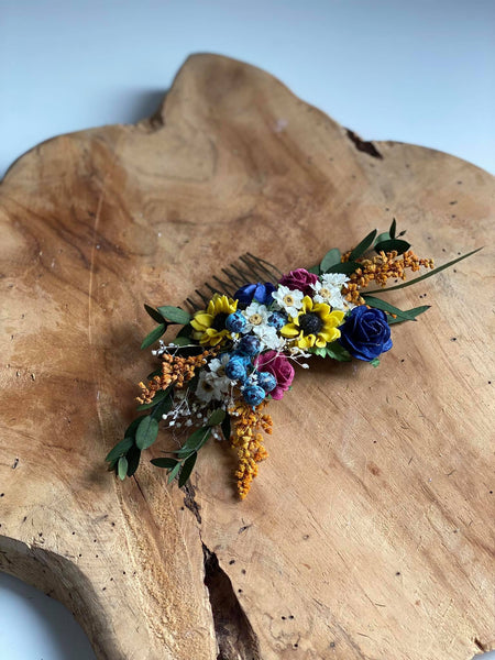 Bridal flower hair comb Sunflowers and blueberries comb Wedding hair comb Meadow wedding Sunflower headpiece Burgundy and navy roses comb