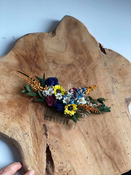 Bridal flower hair comb Sunflowers and blueberries comb Wedding hair comb Meadow wedding Sunflower headpiece Burgundy and navy roses comb
