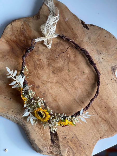 Sunflower hair crown Bridal flower wreath Magaela Ivory and yellow hair wreath Natural flower halo Bride to be Hair accessories Wedding 2021
