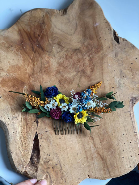 Bridal flower hair comb Sunflowers and blueberries comb Wedding hair comb Meadow wedding Sunflower headpiece Burgundy and navy roses comb