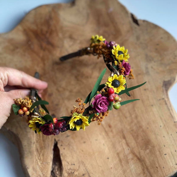 Sunflower headband Wedding headpiece Burgundy and yellow hair piece Sunflower wedding Meadowy hair crown Bride to be Flower girl headband