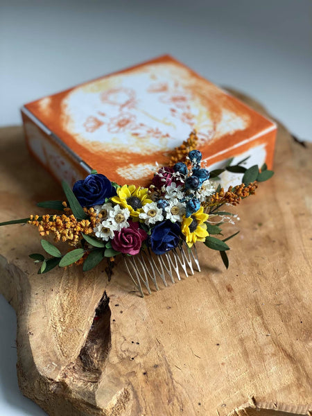 Bridal flower hair comb Sunflowers and blueberries comb Wedding hair comb Meadow wedding Sunflower headpiece Burgundy and navy roses comb