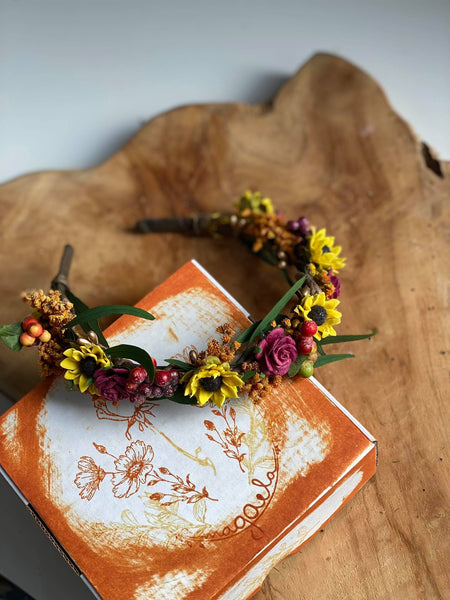 Sunflower headband Wedding headpiece Burgundy and yellow hair piece Sunflower wedding Meadowy hair crown Bride to be Flower girl headband