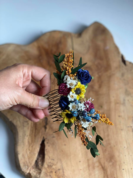 Bridal flower hair comb Sunflowers and blueberries comb Wedding hair comb Meadow wedding Sunflower headpiece Burgundy and navy roses comb