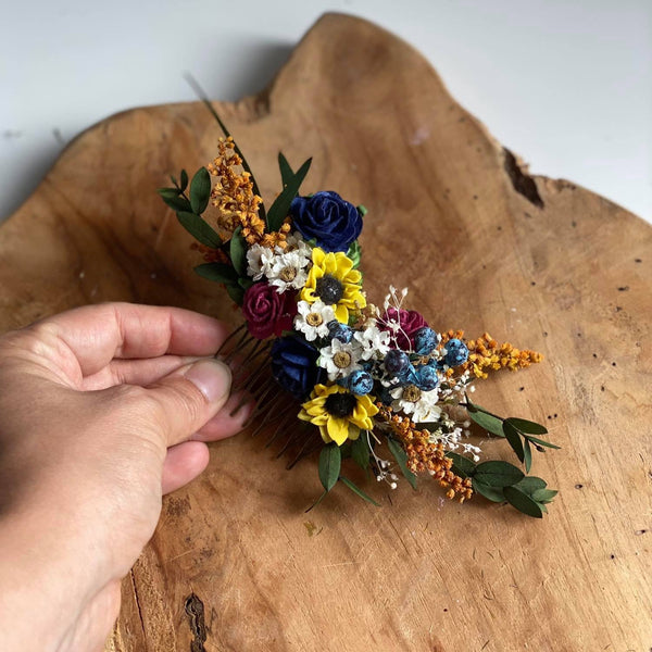 Bridal flower hair comb Sunflowers and blueberries comb Wedding hair comb Meadow wedding Sunflower headpiece Burgundy and navy roses comb