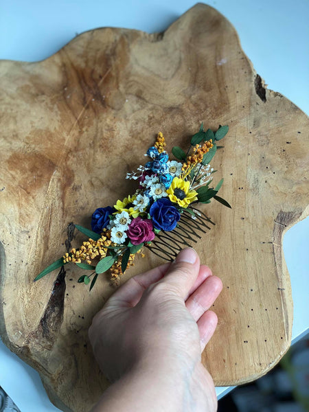 Bridal flower hair comb Sunflowers and blueberries comb Wedding hair comb Meadow wedding Sunflower headpiece Burgundy and navy roses comb
