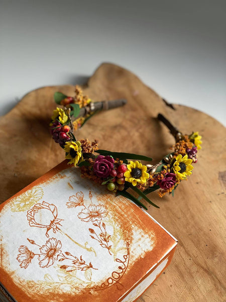 Sunflower headband Wedding headpiece Burgundy and yellow hair piece Sunflower wedding Meadowy hair crown Bride to be Flower girl headband