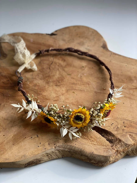 Sunflower hair crown Bridal flower wreath Magaela Ivory and yellow hair wreath Natural flower halo Bride to be Hair accessories Wedding 2021