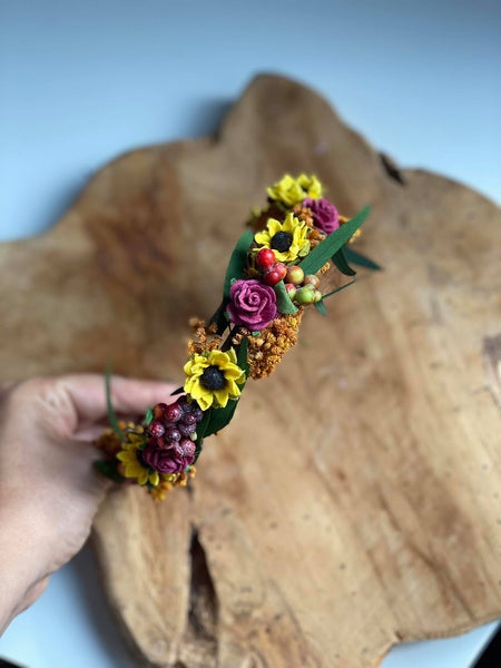 Sunflower headband Wedding headpiece Burgundy and yellow hair piece Sunflower wedding Meadowy hair crown Bride to be Flower girl headband