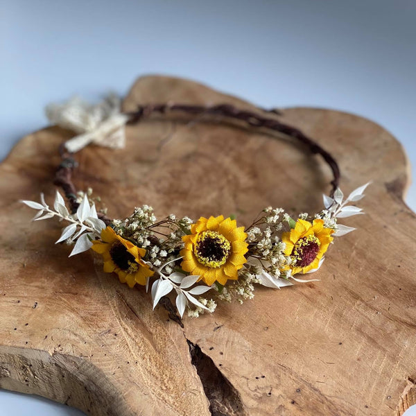 Sunflower hair crown Bridal flower wreath Magaela Ivory and yellow hair wreath Natural flower halo Bride to be Hair accessories Wedding 2021