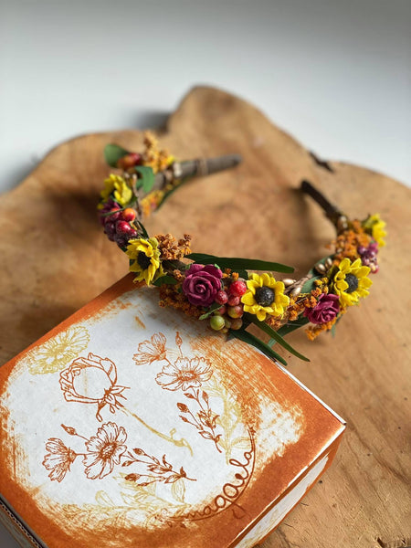 Sunflower headband Wedding headpiece Burgundy and yellow hair piece Sunflower wedding Meadowy hair crown Bride to be Flower girl headband