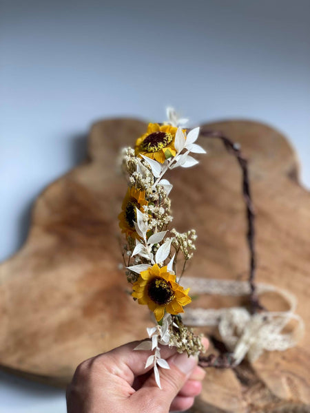 Sunflower hair crown Bridal flower wreath Magaela Ivory and yellow hair wreath Natural flower halo Bride to be Hair accessories Wedding 2021