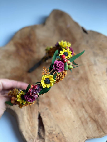 Sunflower headband Wedding headpiece Burgundy and yellow hair piece Sunflower wedding Meadowy hair crown Bride to be Flower girl headband
