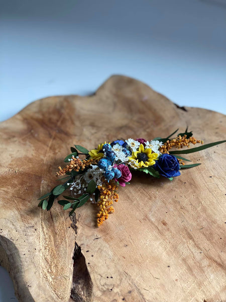 Bridal flower hair comb Sunflowers and blueberries comb Wedding hair comb Meadow wedding Sunflower headpiece Burgundy and navy roses comb