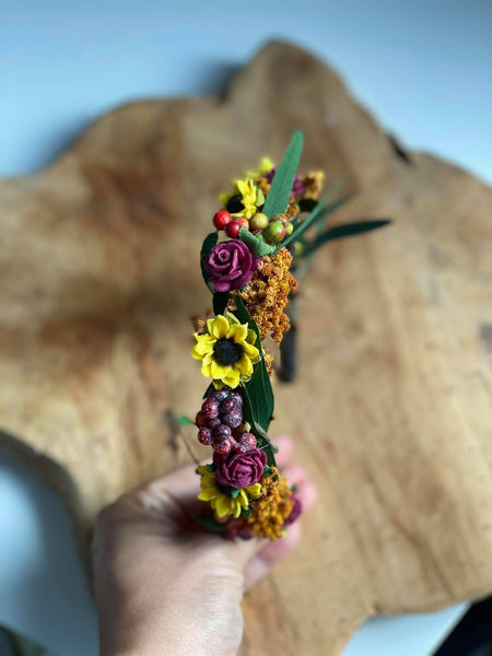 Sunflower headband Wedding headpiece Burgundy and yellow hair piece Sunflower wedding Meadowy hair crown Bride to be Flower girl headband
