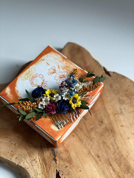 Bridal flower hair comb Sunflowers and blueberries comb Wedding hair comb Meadow wedding Sunflower headpiece Burgundy and navy roses comb