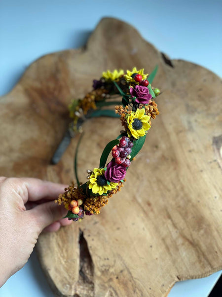 Sunflower headband Wedding headpiece Burgundy and yellow hair piece Sunflower wedding Meadowy hair crown Bride to be Flower girl headband