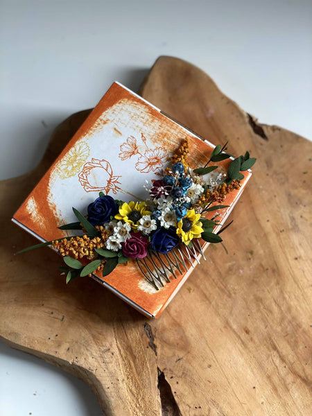 Bridal flower hair comb Sunflowers and blueberries comb Wedding hair comb Meadow wedding Sunflower headpiece Burgundy and navy roses comb