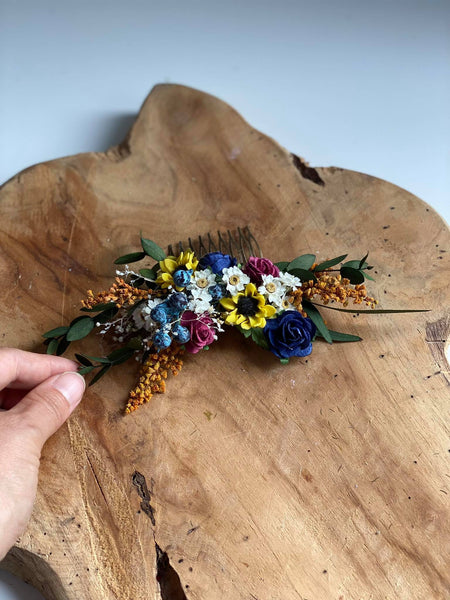Bridal flower hair comb Sunflowers and blueberries comb Wedding hair comb Meadow wedding Sunflower headpiece Burgundy and navy roses comb