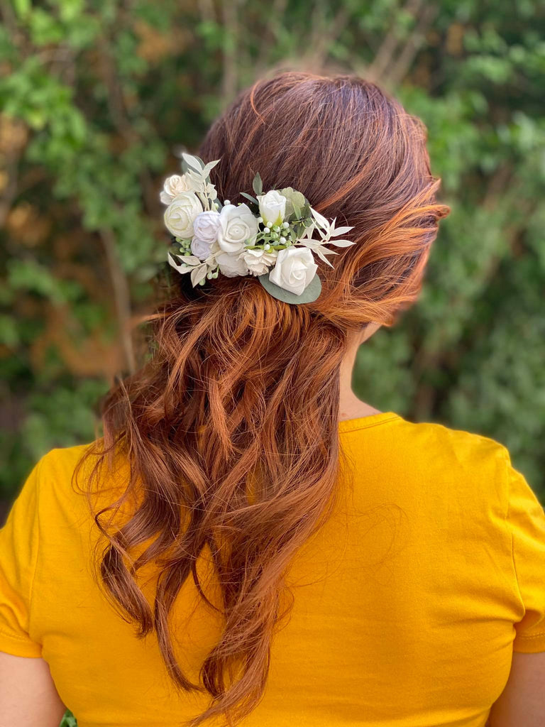 Bridal boho flower hair comb Ivory and green headpiece Peony