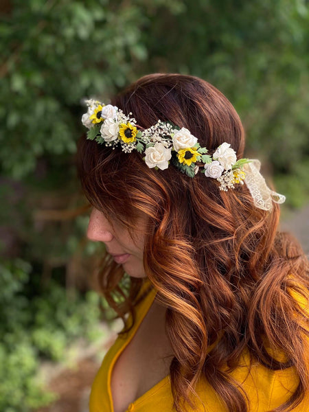 Sunflower flower wreath White roses hair crown Magaela bridal crown Hair wreath Yellow and white wedding wreath Bride to be Sunflower halo