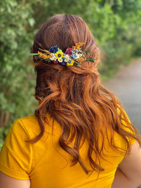 Bridal flower hair comb Sunflowers and blueberries comb Wedding hair comb Meadow wedding Sunflower headpiece Burgundy and navy roses comb