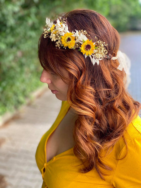 Sunflower hair crown Bridal flower wreath Magaela Ivory and yellow hair wreath Natural flower halo Bride to be Hair accessories Wedding 2021