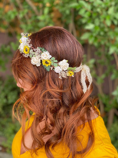 Sunflower flower wreath White roses hair crown Magaela bridal crown Hair wreath Yellow and white wedding wreath Bride to be Sunflower halo