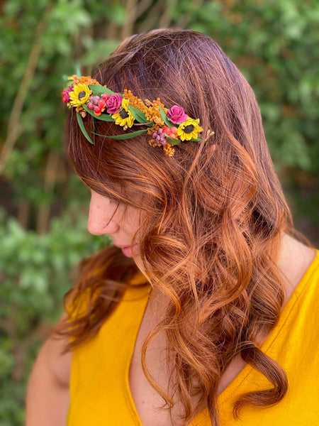 Sunflower headband Wedding headpiece Burgundy and yellow hair piece Sunflower wedding Meadowy hair crown Bride to be Flower girl headband