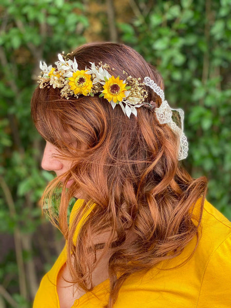 Sunflower hair crown Bridal flower wreath Magaela Ivory and yellow hair wreath Natural flower halo Bride to be Hair accessories Wedding 2021