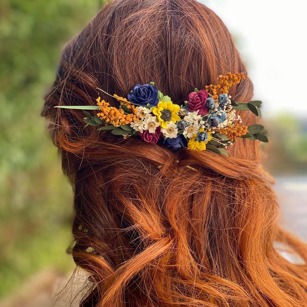 Bridal flower hair comb Sunflowers and blueberries comb Wedding hair comb Meadow wedding Sunflower headpiece Burgundy and navy roses comb