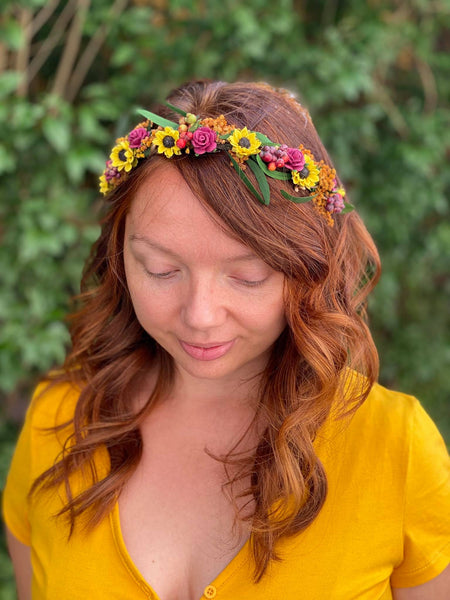 Sunflower headband Wedding headpiece Burgundy and yellow hair piece Sunflower wedding Meadowy hair crown Bride to be Flower girl headband