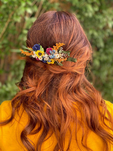 Bridal flower hair comb Sunflowers and blueberries comb Wedding hair comb Meadow wedding Sunflower headpiece Burgundy and navy roses comb