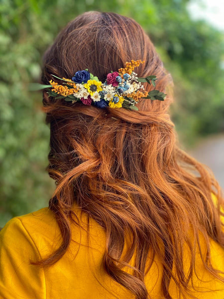 Bridal flower hair comb Sunflowers and blueberries comb Wedding hair comb Meadow wedding Sunflower headpiece Burgundy and navy roses comb