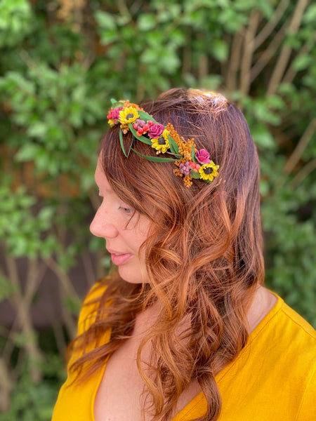 Sunflower headband Wedding headpiece Burgundy and yellow hair piece Sunflower wedding Meadowy hair crown Bride to be Flower girl headband