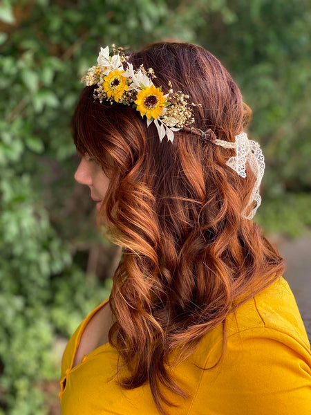 Sunflower hair crown Bridal flower wreath Magaela Ivory and yellow hair wreath Natural flower halo Bride to be Hair accessories Wedding 2021