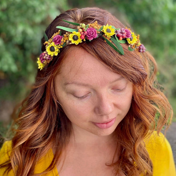 Sunflower headband Wedding headpiece Burgundy and yellow hair piece Sunflower wedding Meadowy hair crown Bride to be Flower girl headband