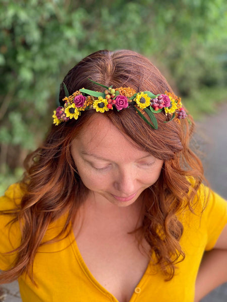 Sunflower headband Wedding headpiece Burgundy and yellow hair piece Sunflower wedding Meadowy hair crown Bride to be Flower girl headband