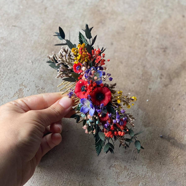 Folk wedding flower hair comb Bride to be Poppy flowers bridal comb Slavic wedding Wedding accessories Hair flowers Magaela Colourful comb